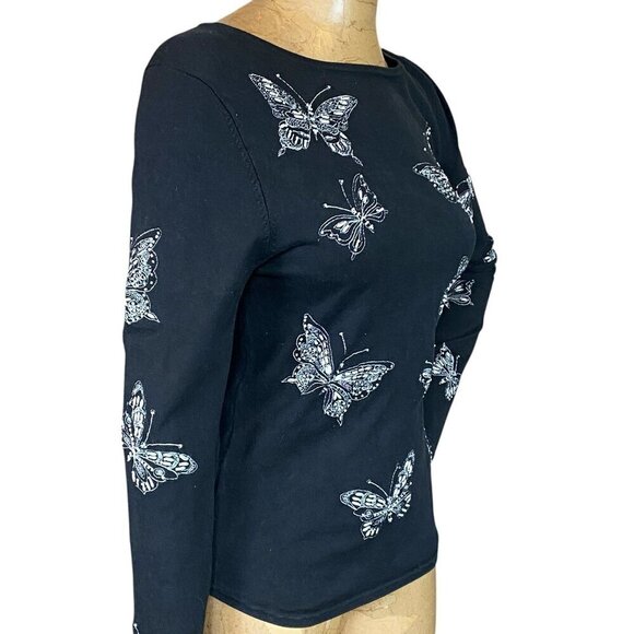 Marisa Christina Black Silk Blend Top Embroidered Beaded Butterfly Pattern M #5K - Picture 3 of 9